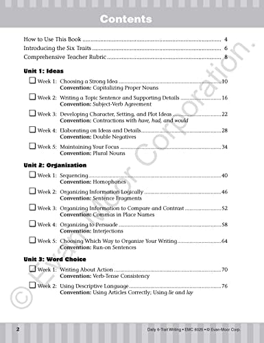 Evan-Moor Daily 6-Trait Writing, Grade 5 Homeschool and Classroom Resource Workbook, Reproducible Worksheets, Teaching Edition, Lesson Plans, Ideas, Organization, Word Choice, Sentence Fluency, Voice