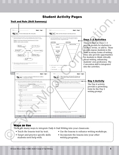 Evan-Moor Daily 6-Trait Writing, Grade 5 Homeschool and Classroom Resource Workbook, Reproducible Worksheets, Teaching Edition, Lesson Plans, Ideas, Organization, Word Choice, Sentence Fluency, Voice