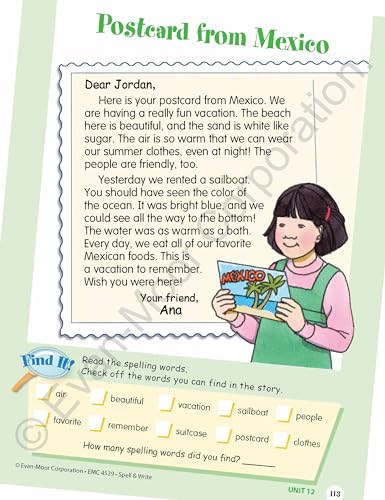 Evan-Moor Skill Sharpeners Spell and Write Workbook, Grade 3, 120 Spelling Words, Test Prep, Word Families, Short Vowels, Grammar, Punctuation, Creative Writing, Vocabulary, Activities, Homeschool