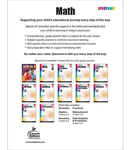 Spectrum 6th Grade Math Workbooks, Ages 11 to 12, Math 6th Grade Workbook Covering Multiplying & Dividing Fractions, Decimals, Math Equations, Percents, Probability, Statistics, Grade 6 Math Workbook