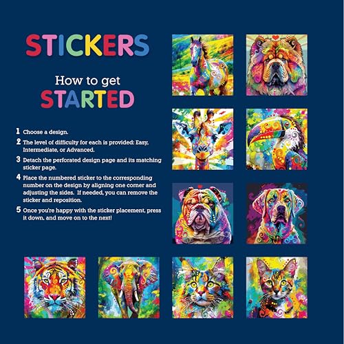 Pop Art Animals Sticker Mosaic Art: 10 Amazing Designs (Design Originals) Sticker by Number Designs for Kids or Adults including Tiger, Elephant, Giraffe, Cats, Dogs, and More, from Artist Dean Russo