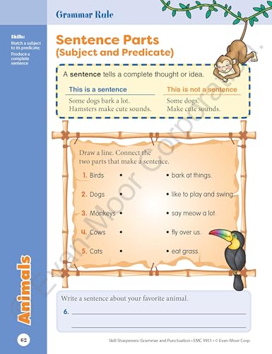 Evan-Moor Skill Sharpeners Grammar and Punctuation Workbook, Grade 1, Nouns, Verbs, Sentence Structure, Subject, Predicate, Language Handbook, Real-World Practice, Fun Activities, Homeschool, Practice