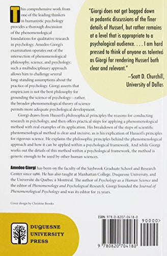 The Descriptive Phenomenological Method in Psychology: A Modified Huessrlian Approach — back cover