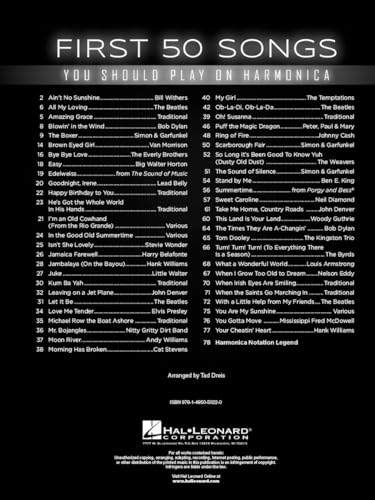 First 50 Songs You Should Play on Harmonica  Easy Songbook for Beginners to Learn over 50 Folk,Pop and Classic Rock Hits  Sheet Music for 10 Hole C Diatonic Harmonica Players