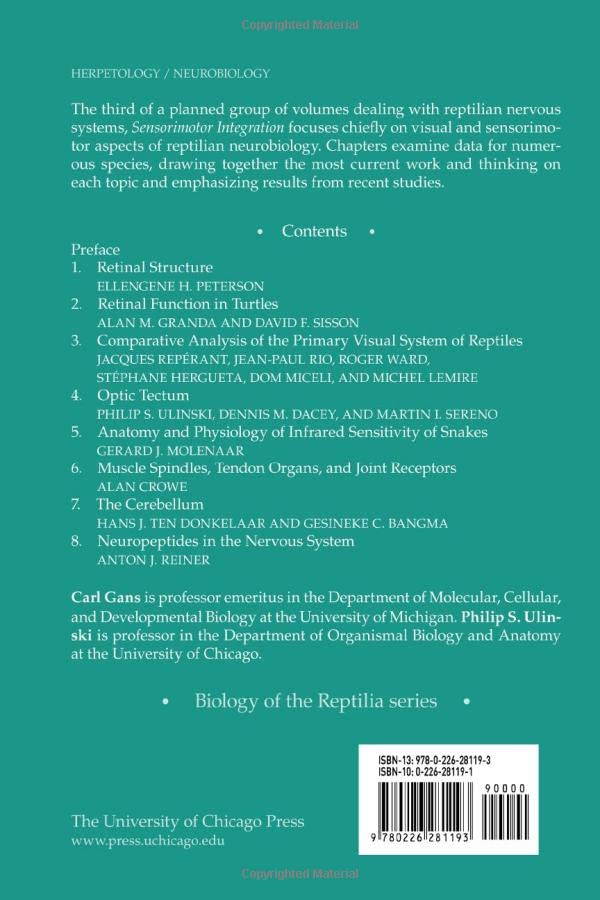 Sensorimotor Integration VOL. 17 (Biology of the Reptilia Series)