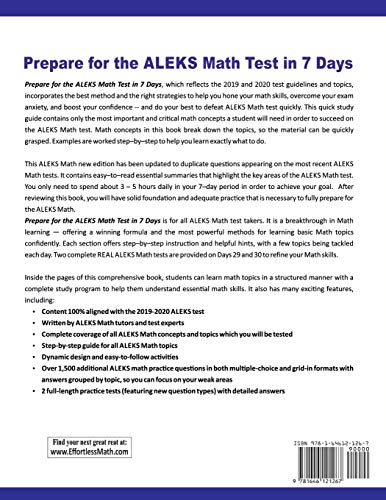 Prepare for the ALEKS Math Test in 7 Days: A Quick Study Guide with Two Full-Length ALEKS Math Practice Tests
