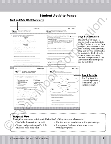 Evan-Moor Daily 6-Trait Writing, Grade 4, Homeschool and Classroom Resource Workbook, Reproducible Worksheets, Teaching Edition, Lesson Plans, Ideas, Organization, Word Choice, Sentence Fluency, Voice