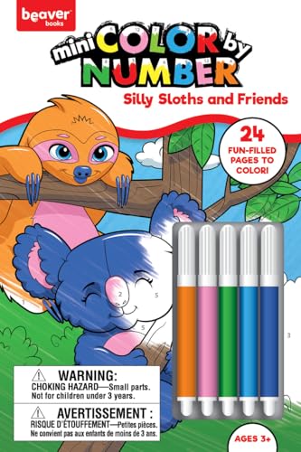 Mini Color by Number Kids Coloring Book with 5 Markers -Sloth & Friends
