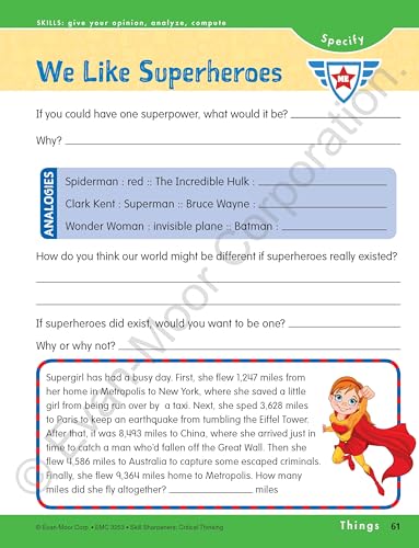 Evan-Moor Skill Sharpeners Critical Thinking, Grade 3 Workbook, Problem Solving Skills, Fun Activities, Higher-Order, Open-Ended Questions and Challenges, Science, Math, Social Studies, Language Arts
