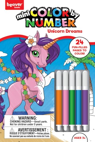 Mini Color by Number Kids Coloring Book with 5 Markers -Unicorn