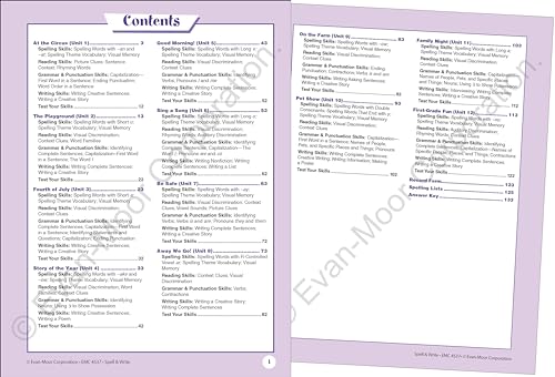Evan-Moor Skill Sharpeners Spell and Write Workbook, Grade 1, Spelling Patterns, Test Prep, Word Families, Short Vowels, Grammar, Punctuation, Creative Writing, Vocabulary, Activities, Homeschool