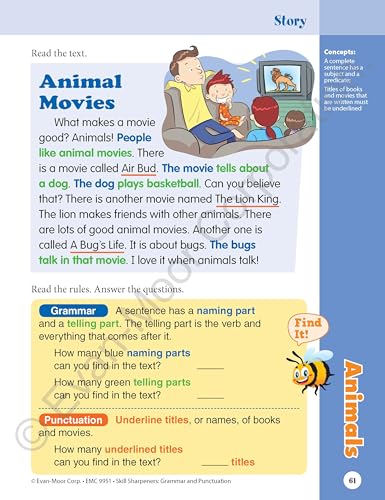 Evan-Moor Skill Sharpeners Grammar and Punctuation Workbook, Grade 1, Nouns, Verbs, Sentence Structure, Subject, Predicate, Language Handbook, Real-World Practice, Fun Activities, Homeschool, Practice