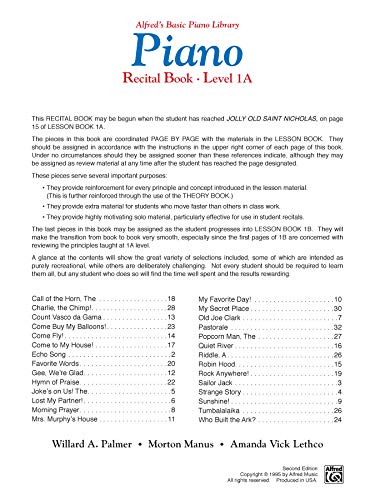 Alfred's Basic Piano Library: Recital Book, Level 1A