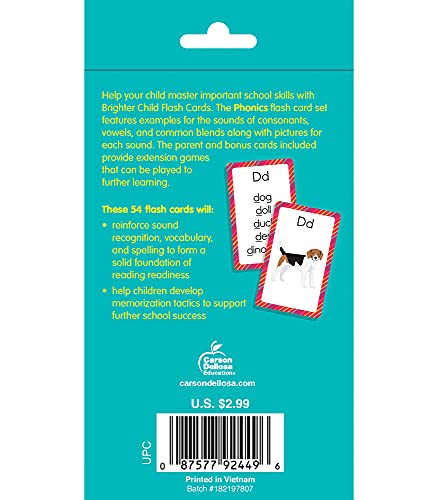 Carson Dellosa Phonics Flash Cards for Kids Ages 4-8, Sound Recognition Skills With Vowels, Consonants and Common Blends for Preschool, Kindergarten, ... 4+ (54 Cards) (Brighter Child Flash Cards)