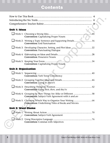 Evan-Moor Daily 6-Trait Writing, Grade 4, Homeschool and Classroom Resource Workbook, Reproducible Worksheets, Teaching Edition, Lesson Plans, Ideas, Organization, Word Choice, Sentence Fluency, Voice
