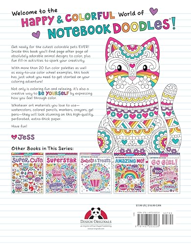 Notebook Doodles Adorable Pets: Coloring & Activity Book (Design Originals) 32 Dazzling Designs from Dogs & Cats to Hedgehogs & Hermit Crabs; Art Activities for Tweens with Color Palettes & Examples