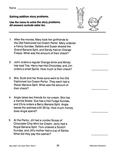 Menu Math: Old-Fashioned Ice Cream Parlor (Addition & Subtraction)  Reproducible Activity Book & Full-Color Menu