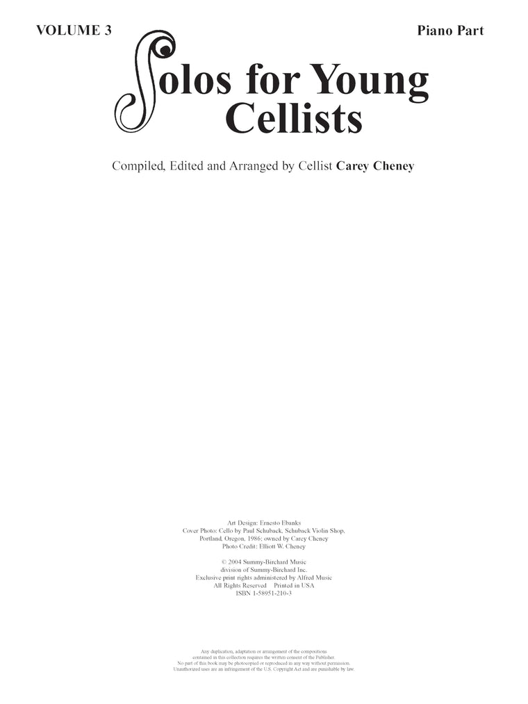 Solos for Young Cellists Cello Part and Piano Acc. (Volume 3)