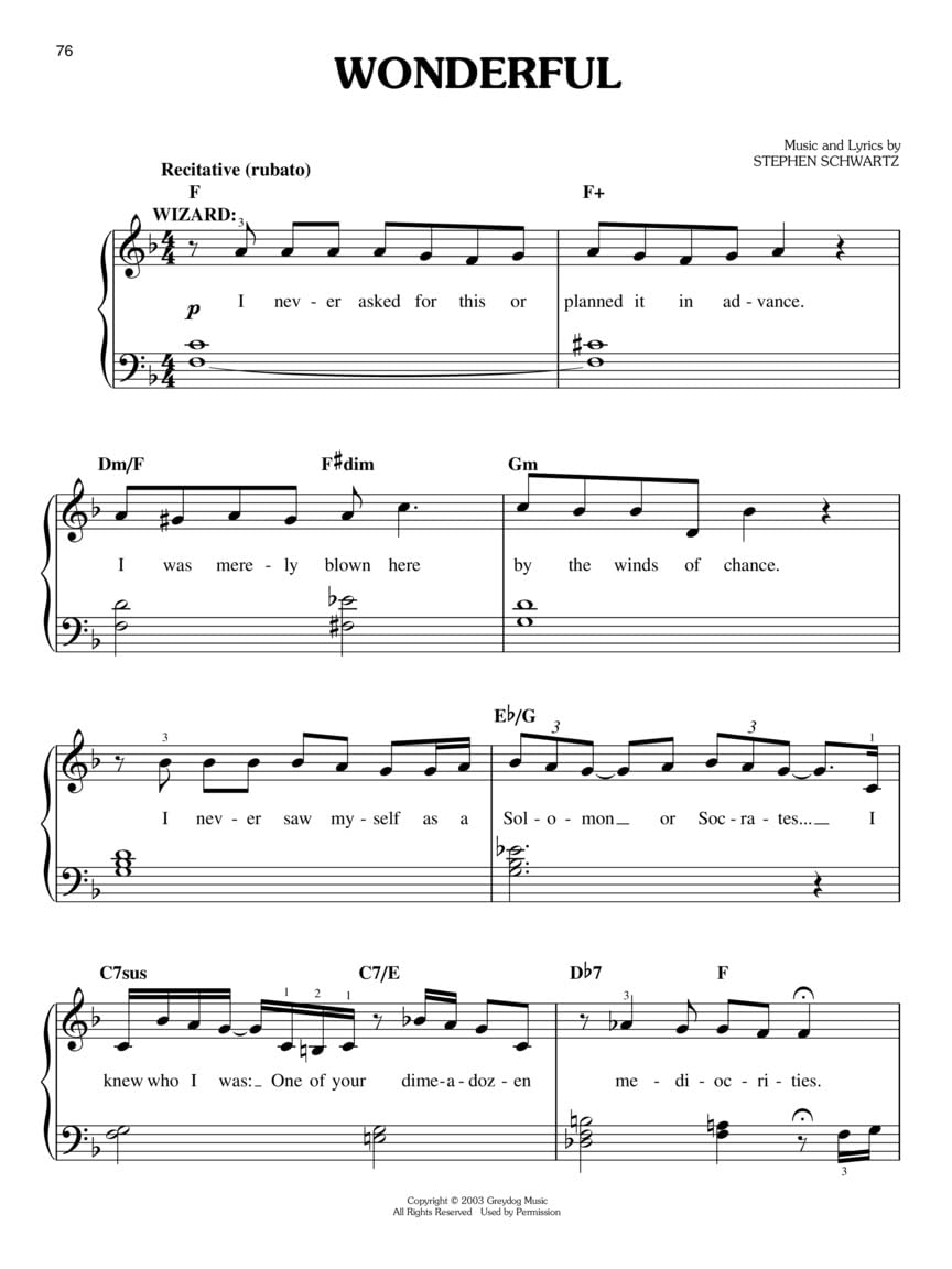 Wicked: A New Musical - Easy Piano Sheet Music of 13 Popular