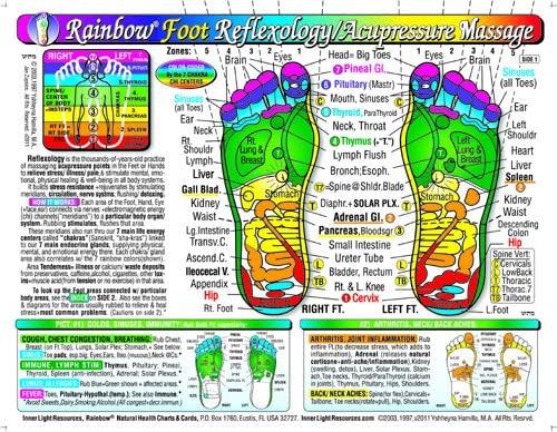 SET 4 CHARTS: REFLEXOLOGY-FOOT & HAND, CHAKRAS, & IRIDOLOGY (EYE Reflexology). in Inner Light Resources RAINBOW Charts Series. 8.5 x 11 in. (Small Poster/ Large Cards)