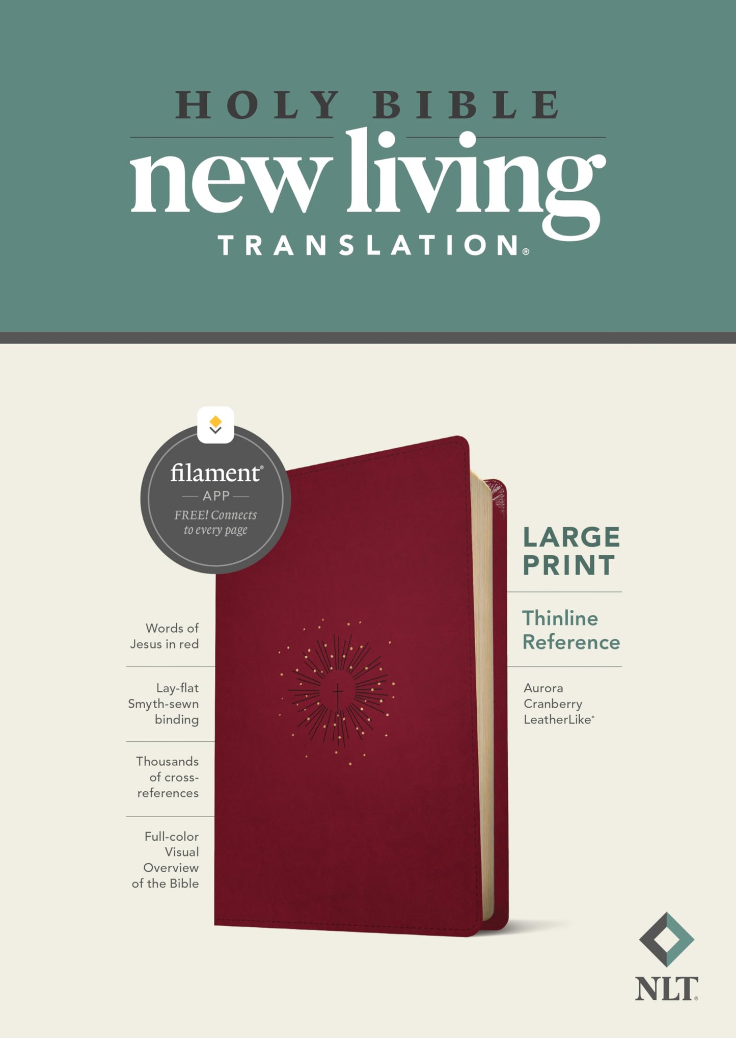 NLT Large Print Thinline Reference Bible, Filament Enabled (LeatherLike, Aurora Cranberry, Red Letter): Includes Free Access to the Filament Bible App ... Notes, Devotionals, Worship Music, and Video