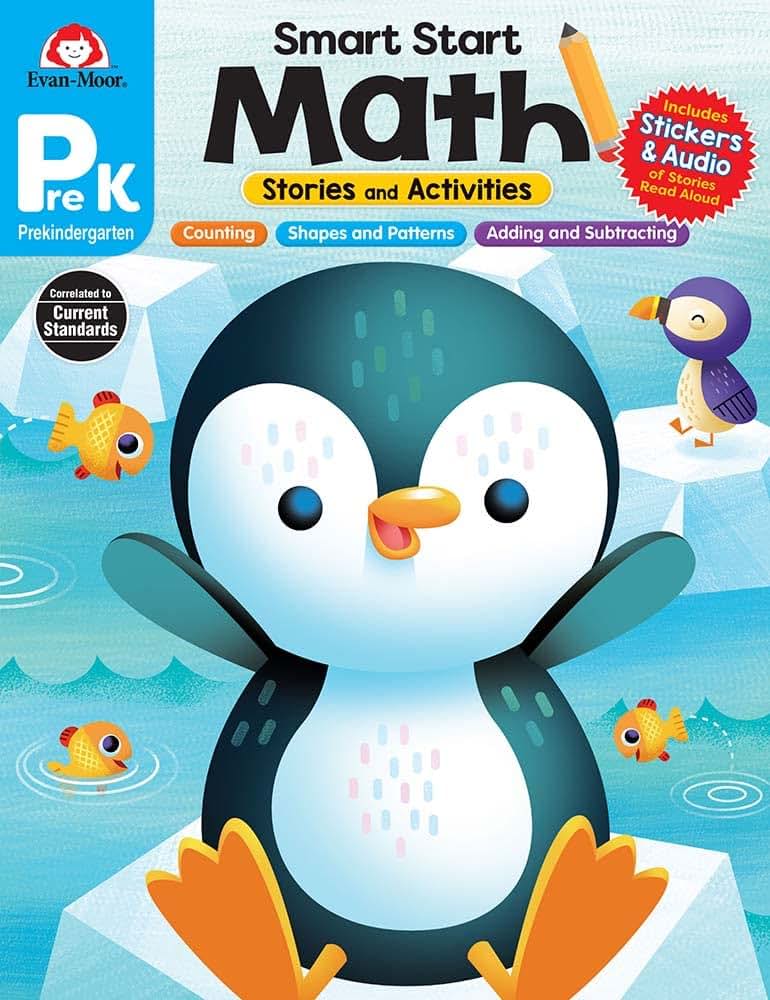 Evan-Moor Smart Start Math, PreK Workbook, Stickers, Audio Read Alouds, Stories and Activities, Learn Numbers, Counting, Measurment, Addition, ... (Smart Start: Math Stories and Activities)
