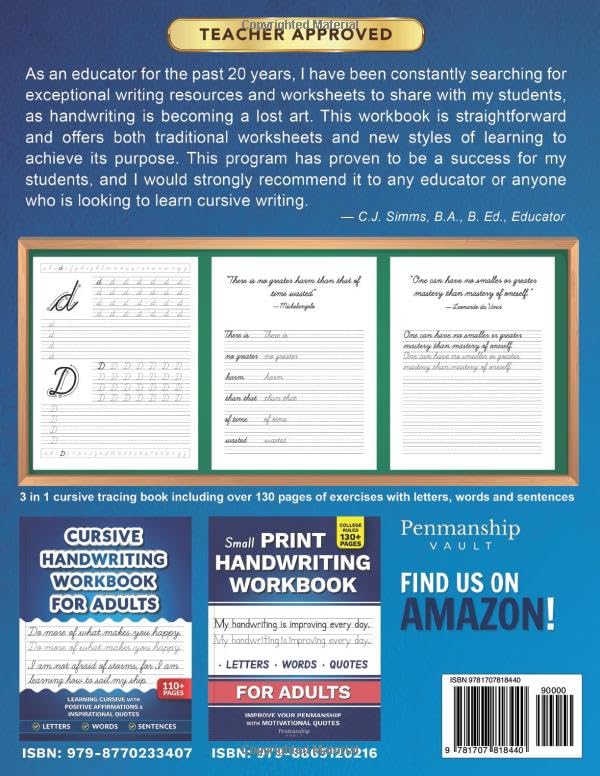 Cursive Handwriting Workbook for Teens: Learning Cursive with Inspirational Quotes for Young Adults, 3 in 1 Cursive Tracing Book Including over 130 Pages of Exercises with Letters, Words and Sentences