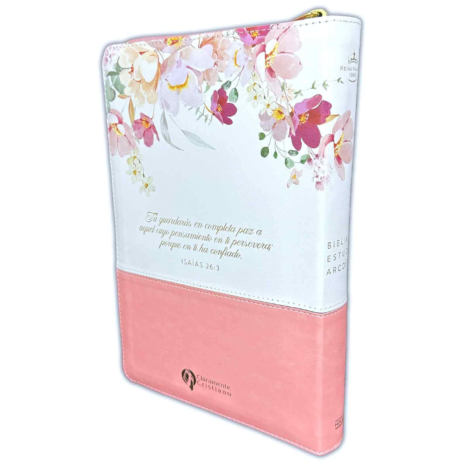Biblia de Estudio Arco Iris Pastoral para Mujeres con Cierre Reina Valera 1960 duotono rosa y blanco floral con indice