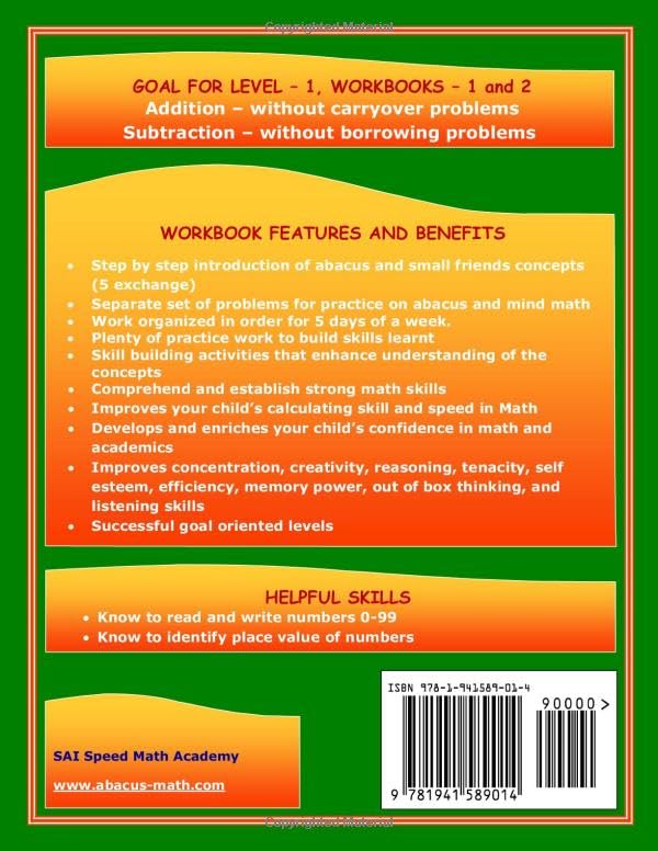 Abacus Mind Math Level 1 Workbook 1 of 2: Excel at Mind Math with Soroban, a Japanese Abacus (Abacus Mind Math - Level - 1 Complete Set: Instruction Book, Workbook 1 of 2, Workbook 2 of 2)