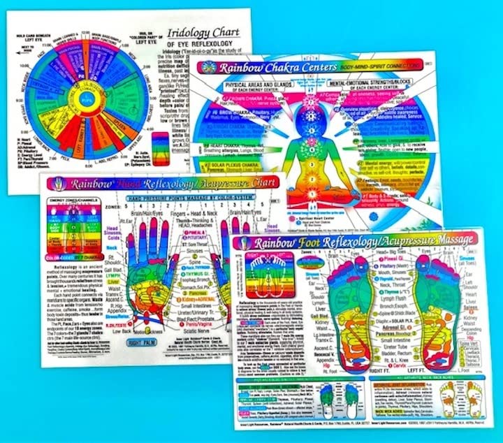 SET 4 CHARTS: REFLEXOLOGY-FOOT & HAND, CHAKRAS, & IRIDOLOGY (EYE Reflexology). in Inner Light Resources RAINBOW Charts Series. 8.5 x 11 in. (Small Poster/ Large Cards)