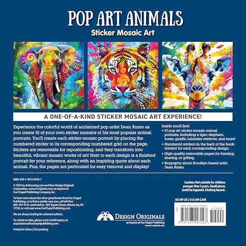 Pop Art Animals Sticker Mosaic Art: 10 Amazing Designs (Design Originals) Sticker by Number Designs for Kids or Adults including Tiger, Elephant, Giraffe, Cats, Dogs, and More, from Artist Dean Russo