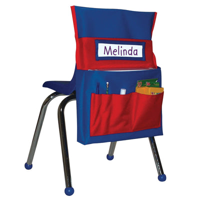 Carson Dellosa 15" W x 19" H Canvas Blue and Red Chairback Buddy Pocket Chart, Classroom Chair Organizer, Classroom Chair Storage with 6 Chair Pockets and One Student Name Tag, Seat Storage Organizer