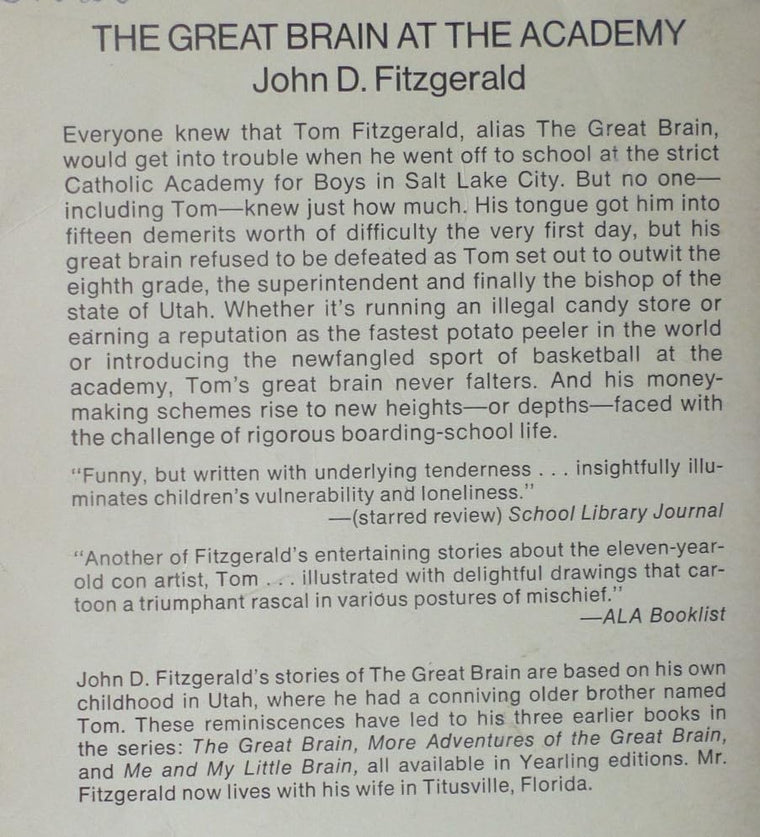 The Great Brain at the Academy (Great Brain #4) — back cover