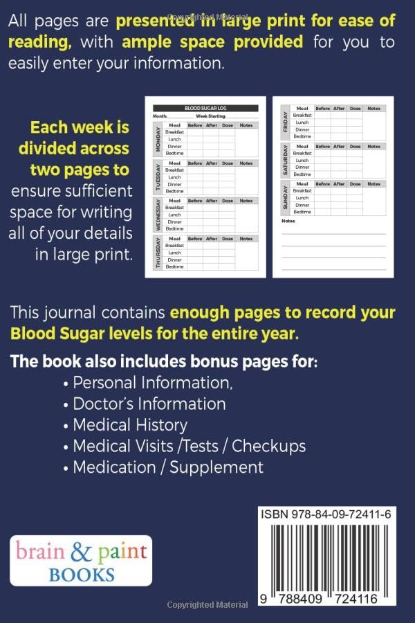 Blood Sugar Log Book: Large Print Diabetes Journal