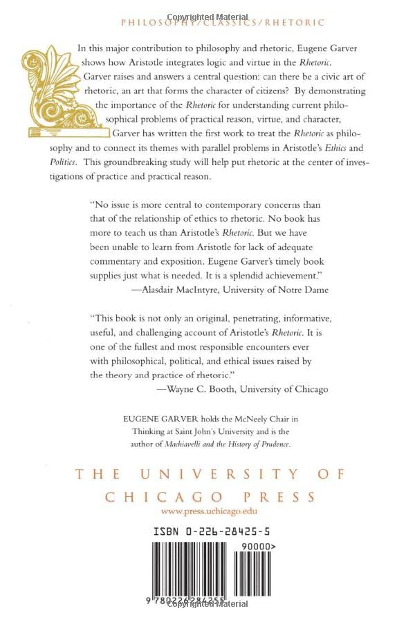 Aristotle's Rhetoric: An Art of Character — back cover