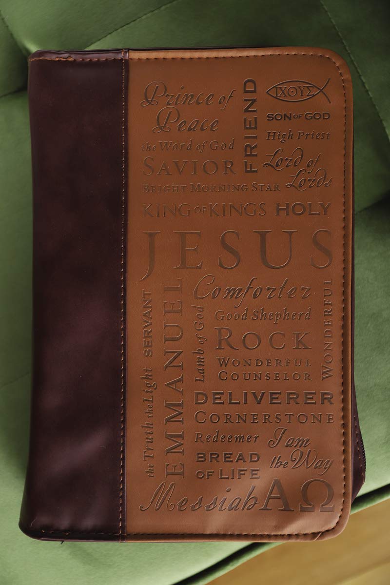 Names of Jesus Bible Cover, Zippered, Italian Duo-Tone Imitation Leather, Brown/Tan, Extra Large
