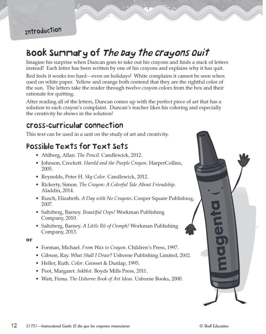 El dia que los crayones renunciaron (The Day the Crayons Quit): An Instructional Guide for Literature - Spanish Novel Study Guide with Reading and ... Works Classroom Resource) (Spanish Edition)