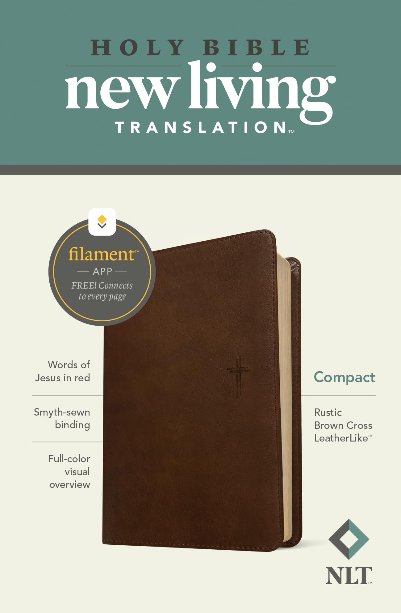 NLT Compact Bible, Filament Enabled (LeatherLike, Rustic Brown Cross, Red Letter)