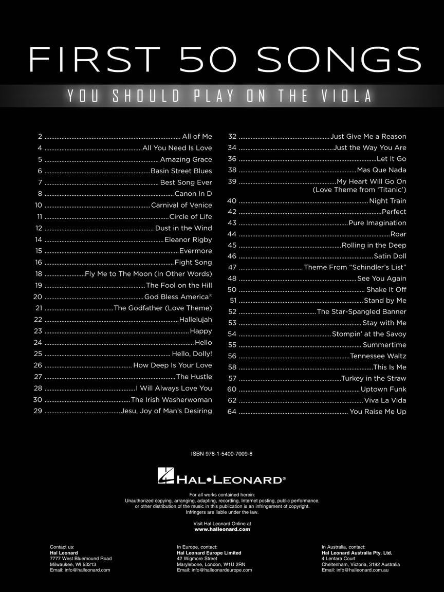 First 50 Songs You Should Play on the Viola: A Must-Have Collection of Well-Known Songs!  Viola Solo Songbook  Easy to Intermediate Repertoire of Pop Movie Folk Jazz and Classical Favorites