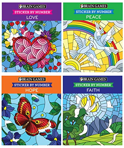 4 Booklet Set - Brain Games - Sticker by Number: Love, Peace, Hope, Faith