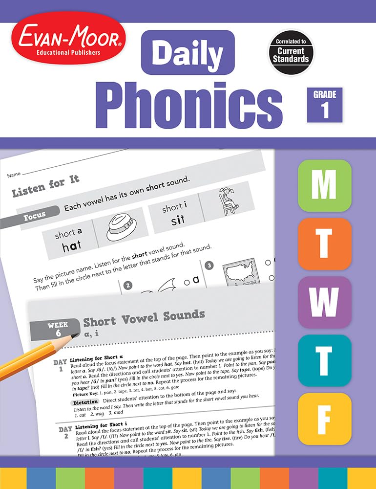 Evan-Moor Daily Phonics, Grade 1, Homeschooling & Classroom Resource Workbook. Phonemic Awareness, Decoding, Word-Study, Teaching Editions, Reproducible Worksheets