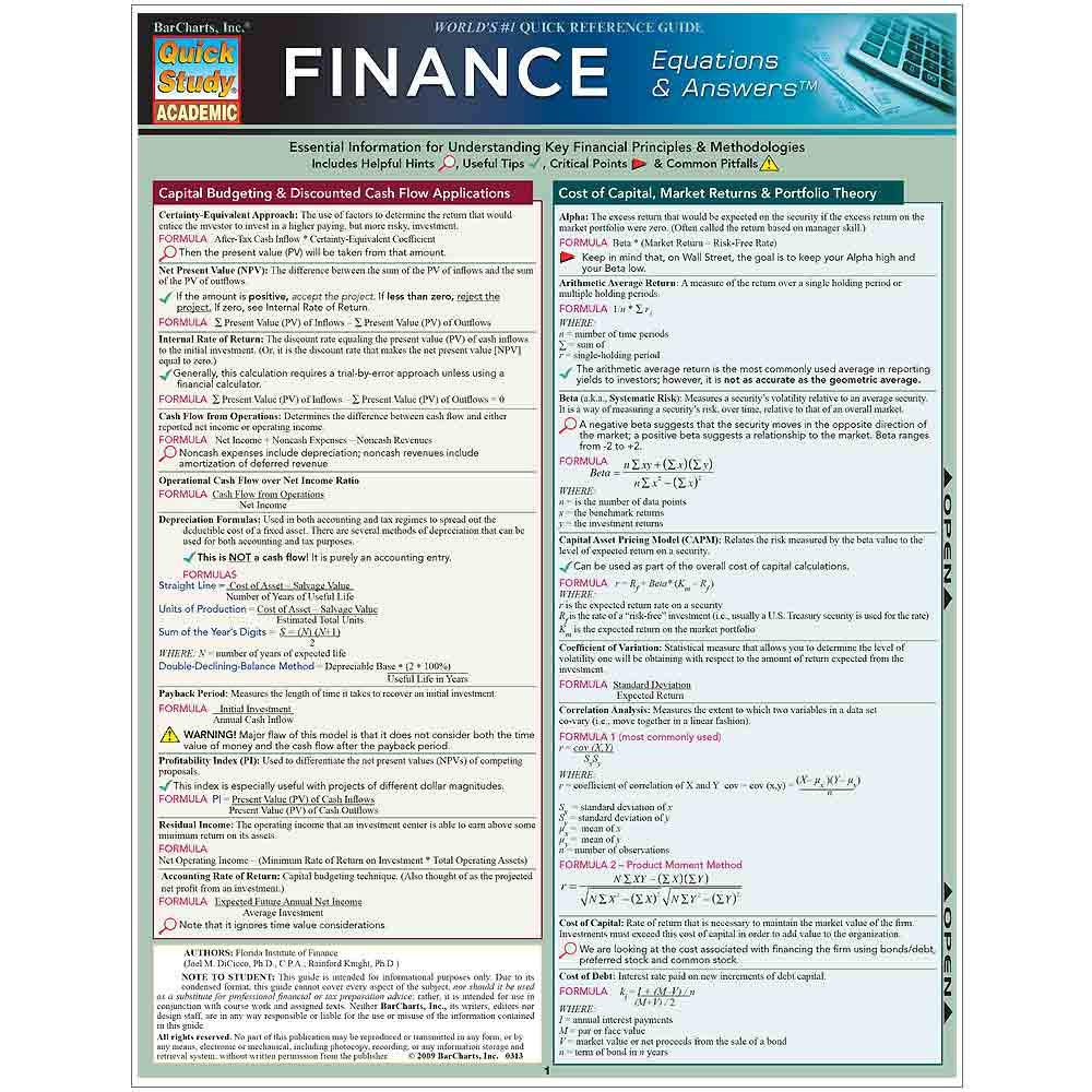 Finance Equations & Answers Laminated Reference Guide (QuickStudy Academic)