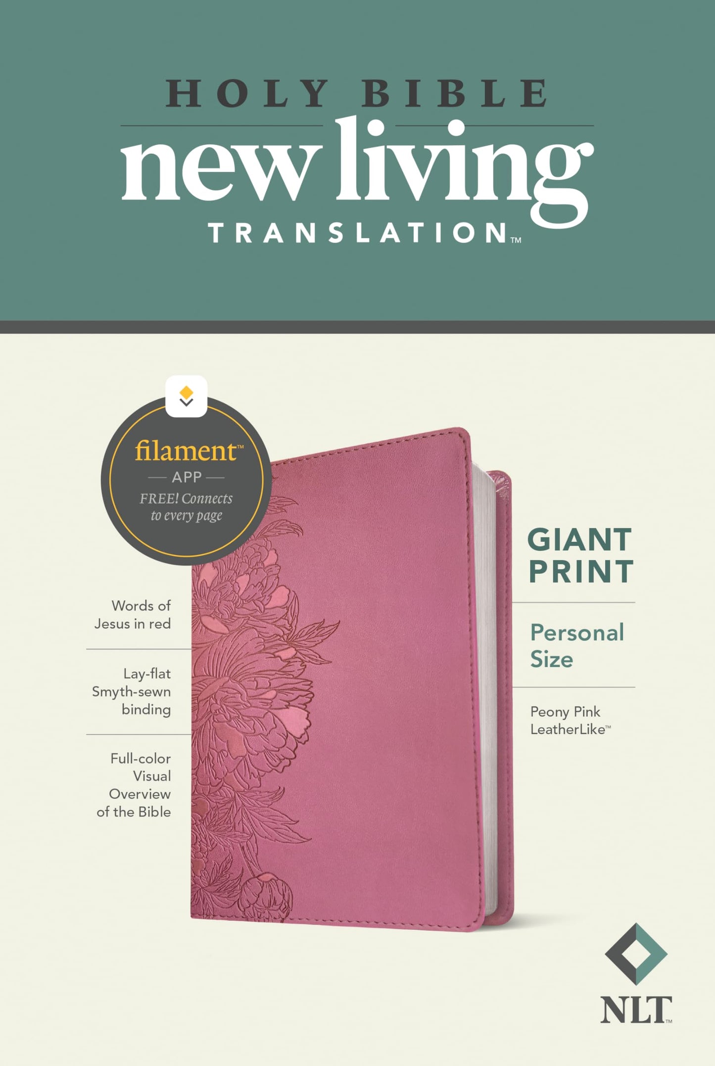 NLT Personal Size Giant Print Bible, Filament Enabled (LeatherLike, Peony Pink, Red Letter): Includes Free Access to the Filament Bible App Delivering ... Notes, Devotionals, Worship Music, and Video
