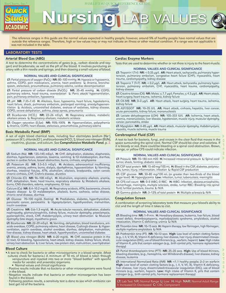 Nursing Lab Values QuickStudy Laminated 6-Page Reference Guide (QuickStudy Academic)