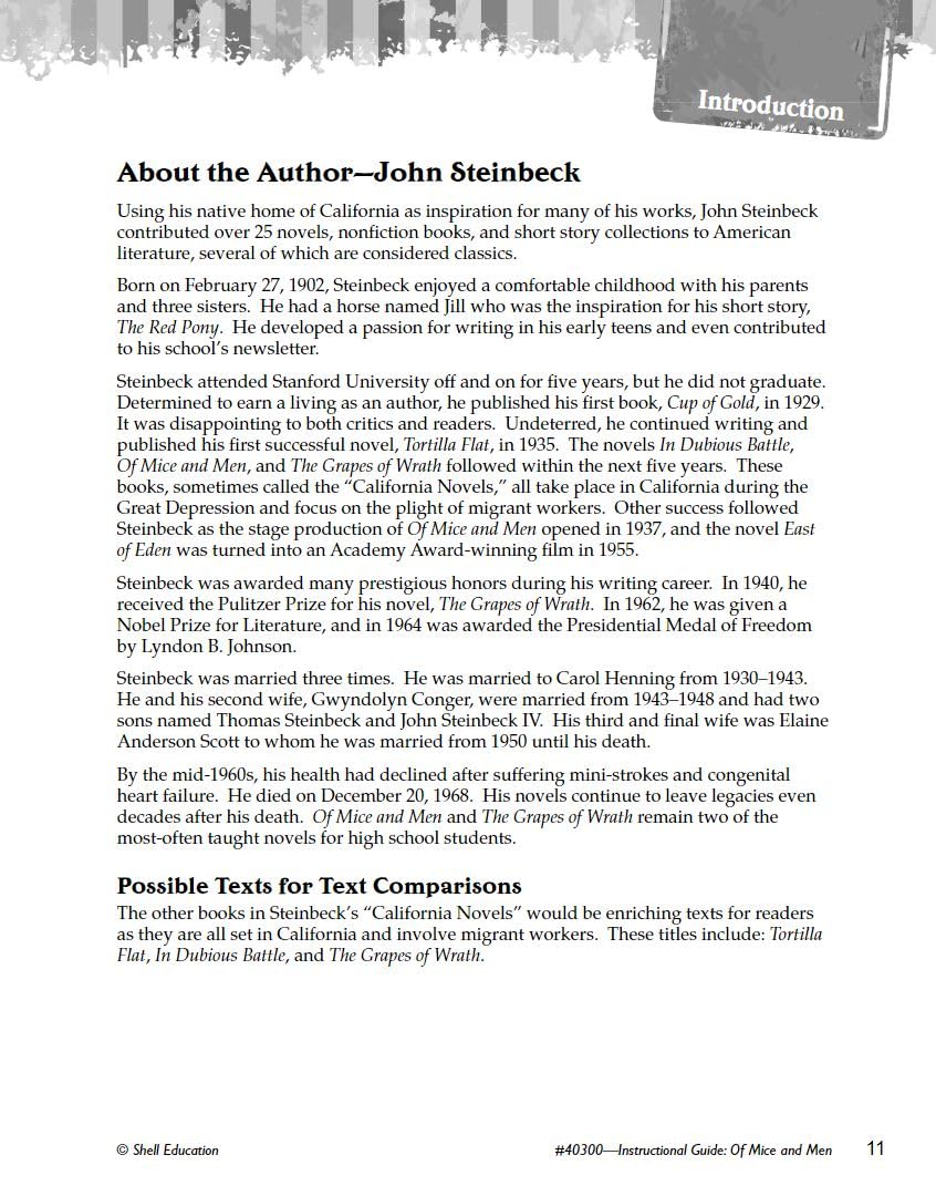 Of Mice and Men: An Instructional Guide for Literature - Novel Study Guide for High School Literature with Close Reading and Writing Activities (Great Works Classroom Resource)
