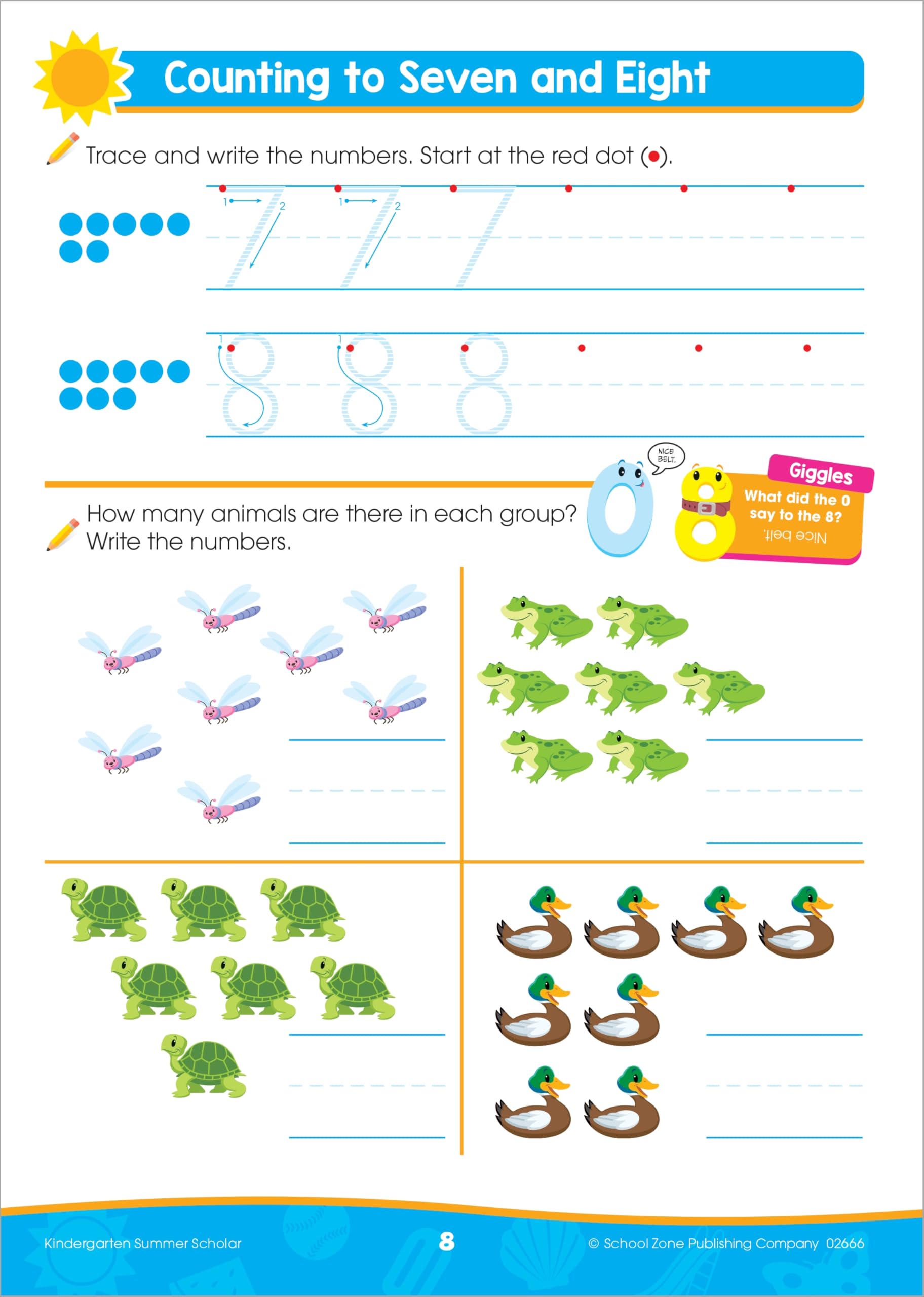 School Zone Kindergarten Summer Scholar Workbook: 80 Pages, Pre-K, Letters, Early Reading and Writing, Numbers 0-20, Basic Math, Counting, Matching, Story Order, Ages 5-6
