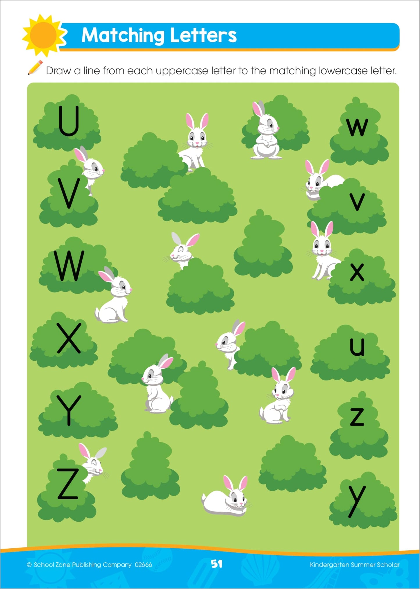 School Zone Kindergarten Summer Scholar Workbook: 80 Pages, Pre-K, Letters, Early Reading and Writing, Numbers 0-20, Basic Math, Counting, Matching, Story Order, Ages 5-6
