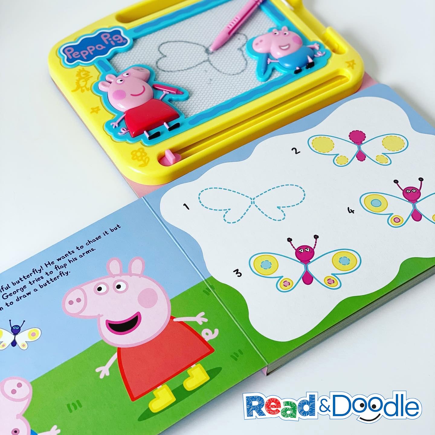 Peppa Pig Read & Doodle - Learning resources for kids, a magnetic drawing pad, an easy-to-use pen, 22-page board book for reading and drawing