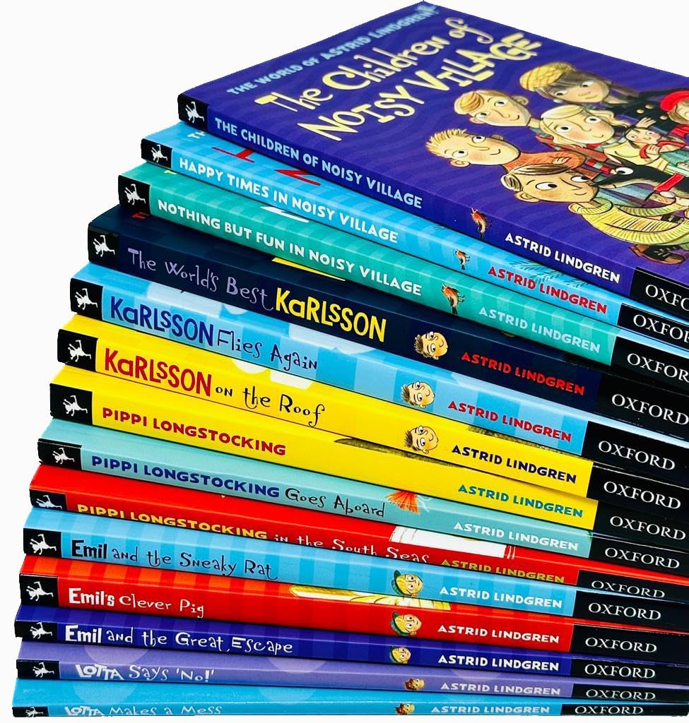 Astrid Lindgren 14 Books Collection Set (The Children of Noisy Village, Happy Times,Nothing but Fun, The World's Best Karlsson,Flies Again,on the Roof,Pippi Longstocking,Emil's Clever Pig & More)