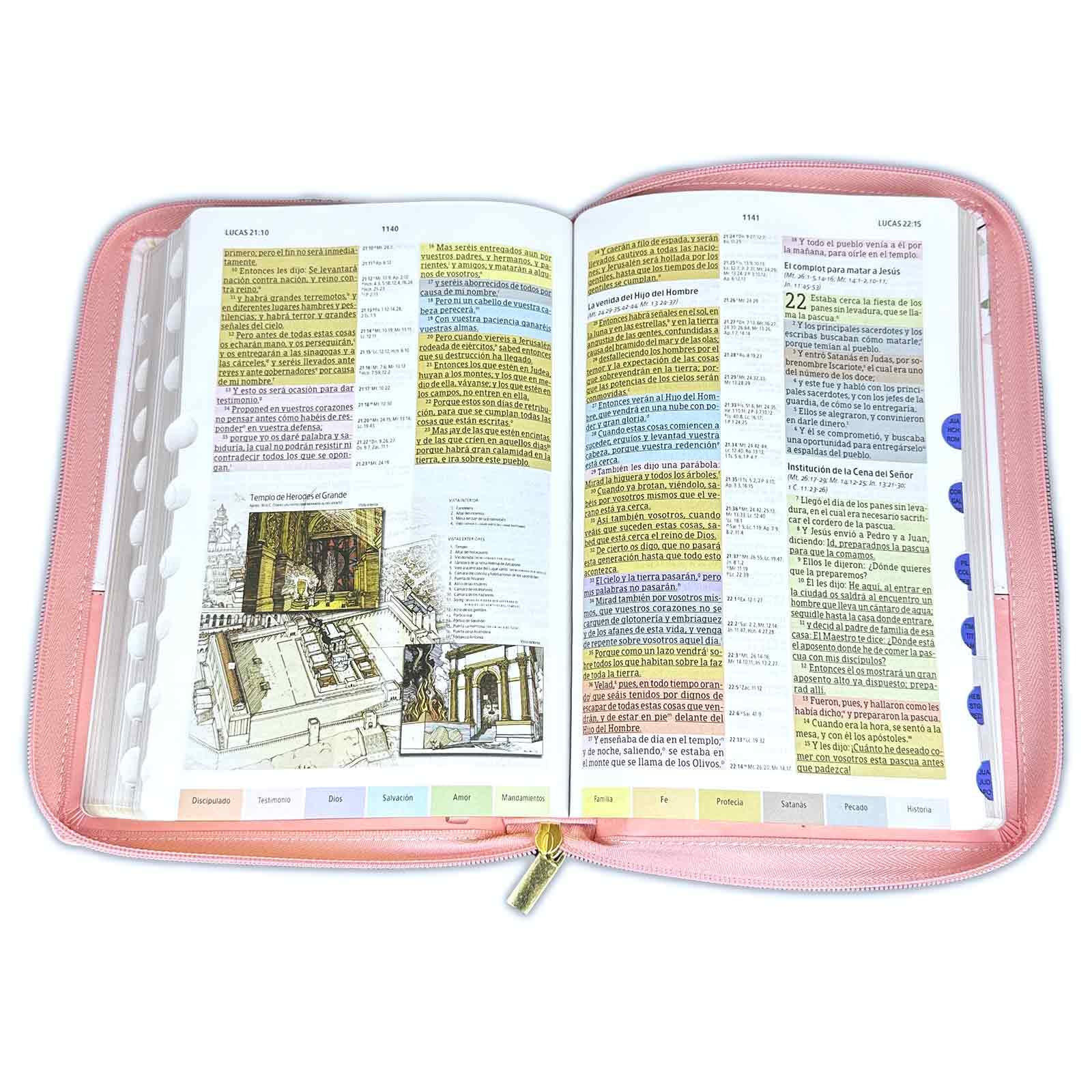 Biblia de Estudio Arco Iris Pastoral para Mujeres con Cierre Reina Valera 1960 duotono rosa y blanco floral con indice